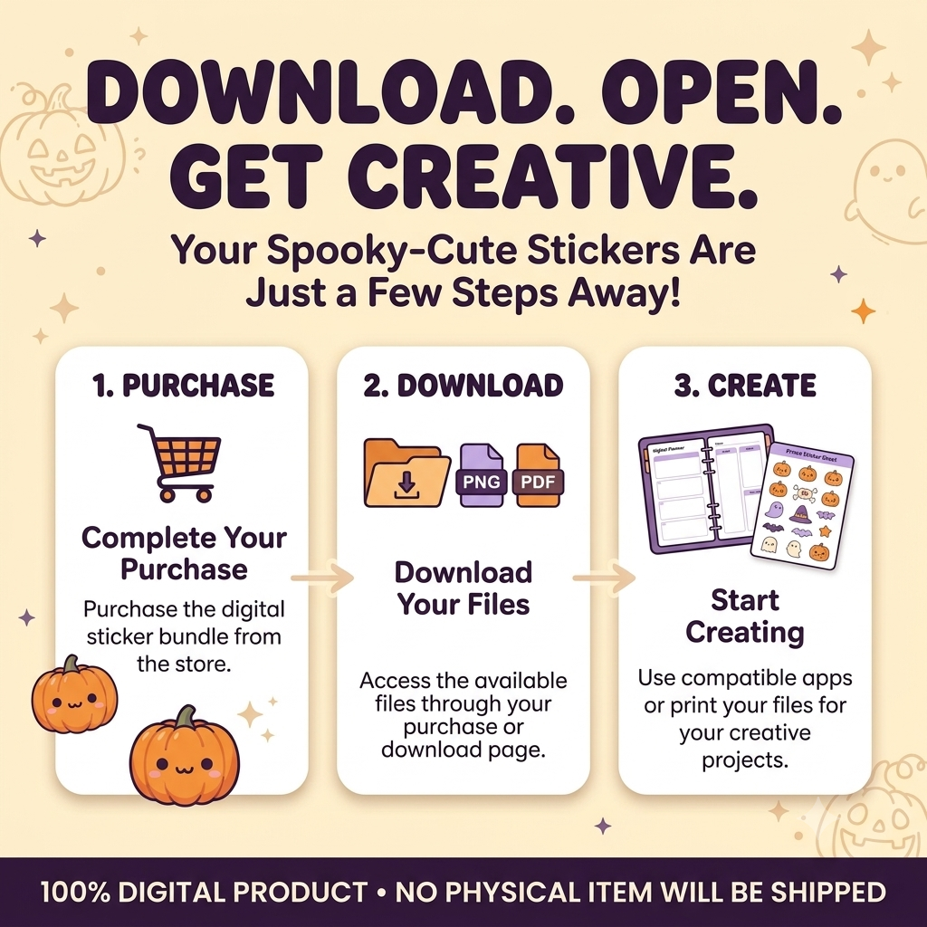 Kawaii Halloween Stickers PNG & PDF Bundle | Cute Pumpkin, Ghost, Witch & Black Cat Digital Stickers