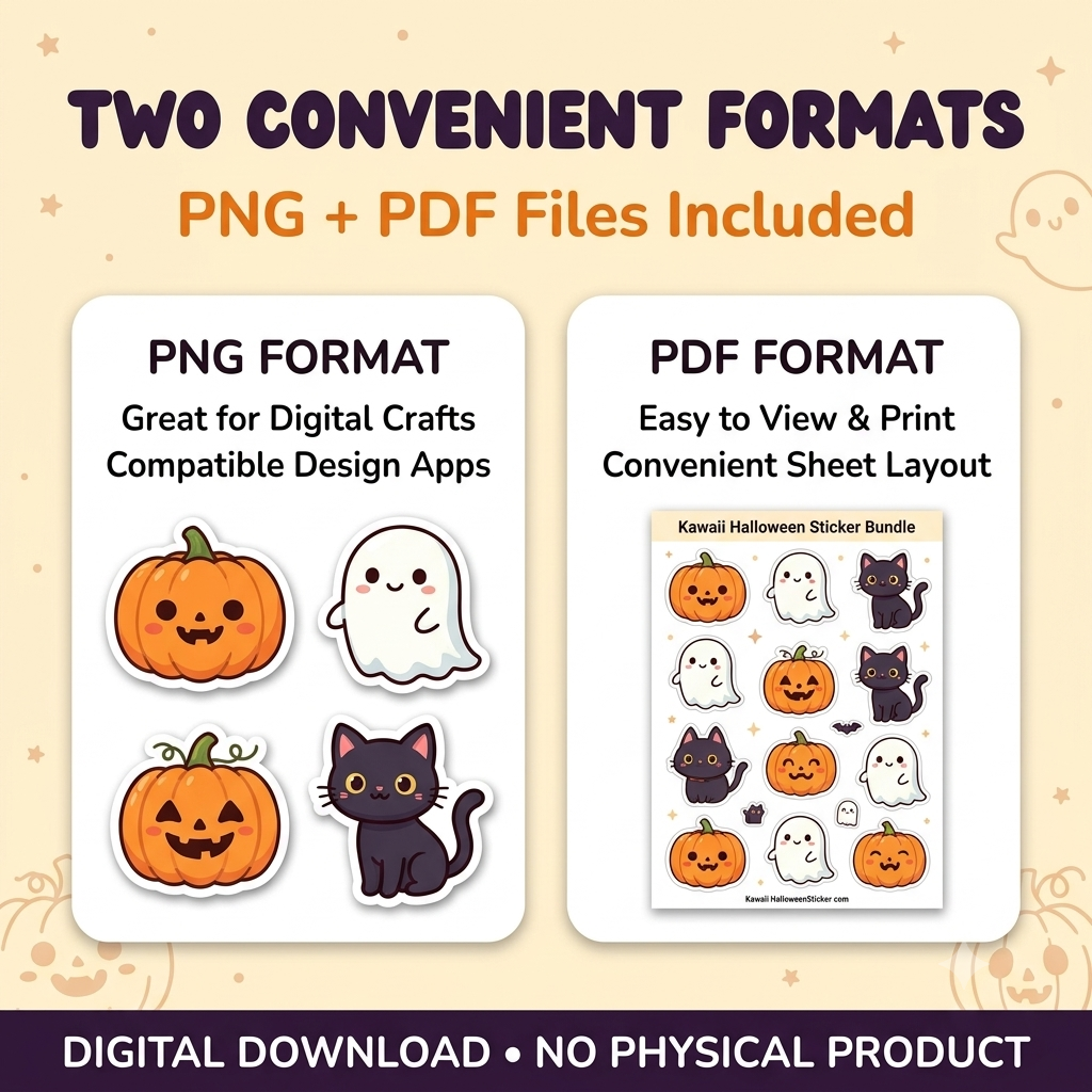 Kawaii Halloween Stickers PNG & PDF Bundle | Cute Pumpkin, Ghost, Witch & Black Cat Digital Stickers