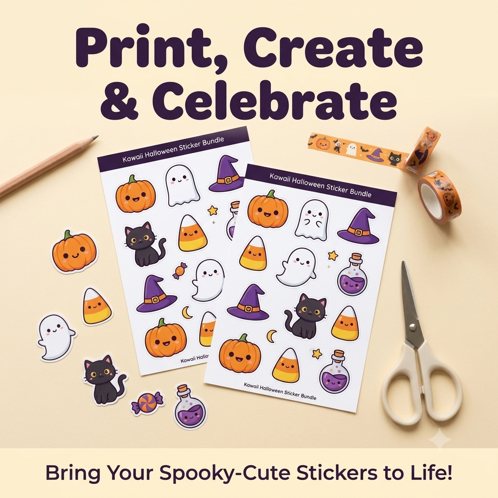 Kawaii Halloween Stickers PNG & PDF Bundle | Cute Pumpkin, Ghost, Witch & Black Cat Digital Stickers