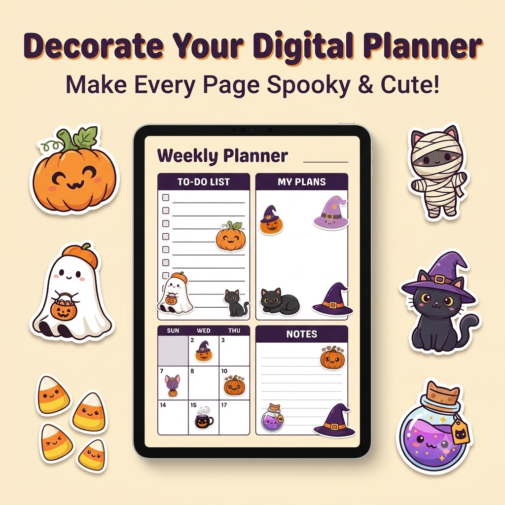 Kawaii Halloween Stickers PNG & PDF Bundle | Cute Pumpkin, Ghost, Witch & Black Cat Digital Stickers