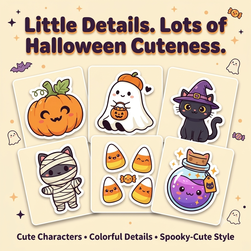 Kawaii Halloween Stickers PNG & PDF Bundle | Cute Pumpkin, Ghost, Witch & Black Cat Digital Stickers