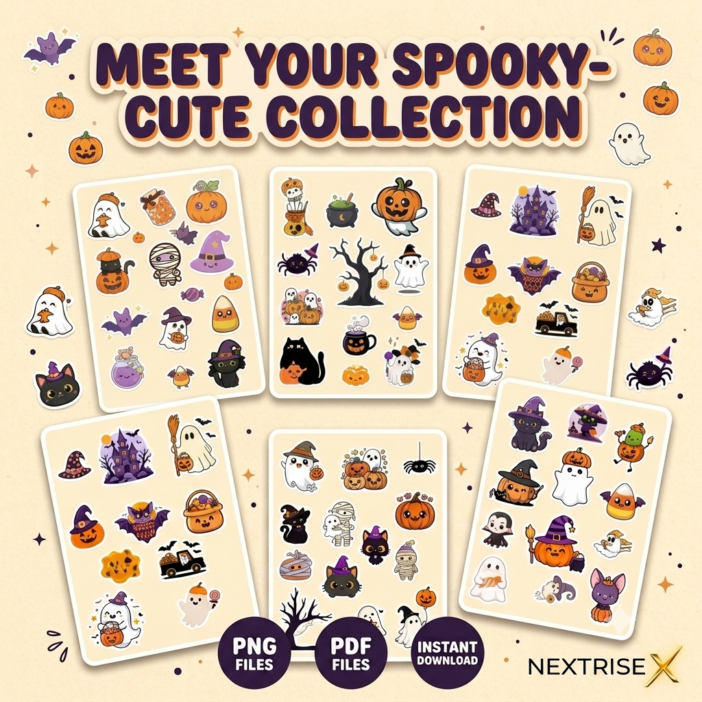 Kawaii Halloween Stickers PNG & PDF Bundle | Cute Pumpkin, Ghost, Witch & Black Cat Digital Stickers