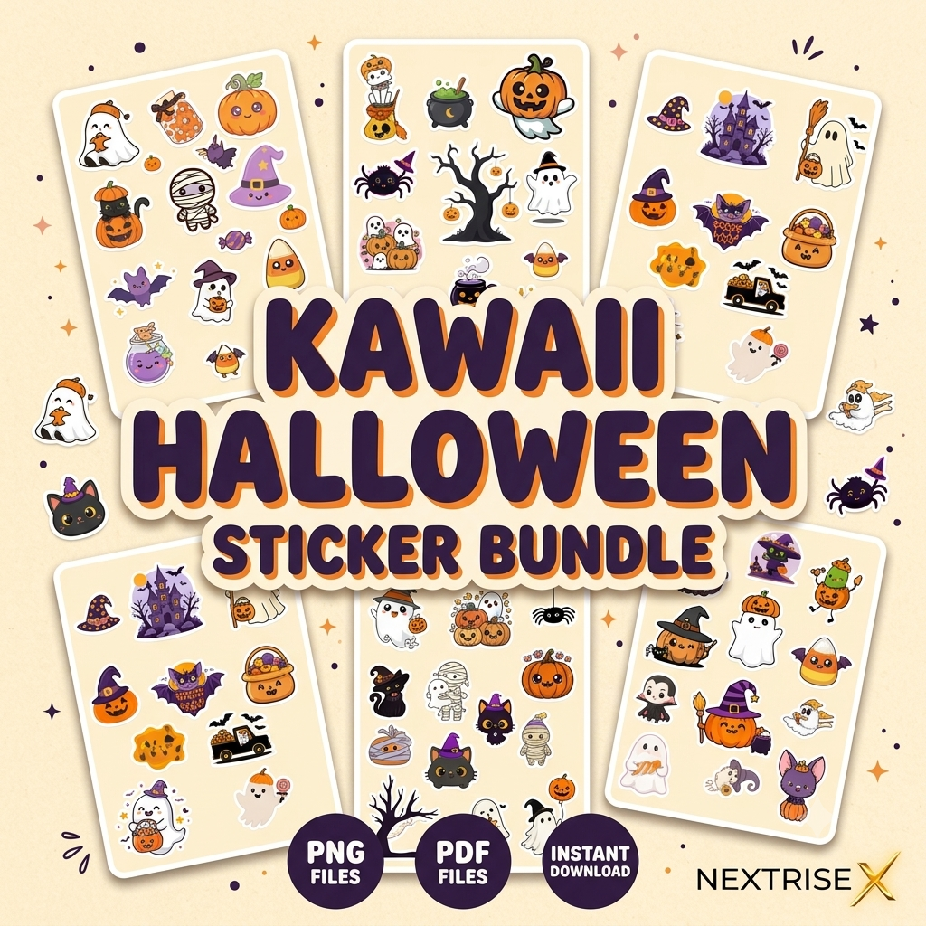 Kawaii Halloween Stickers PNG & PDF Bundle | Cute Pumpkin, Ghost, Witch & Black Cat Digital Stickers